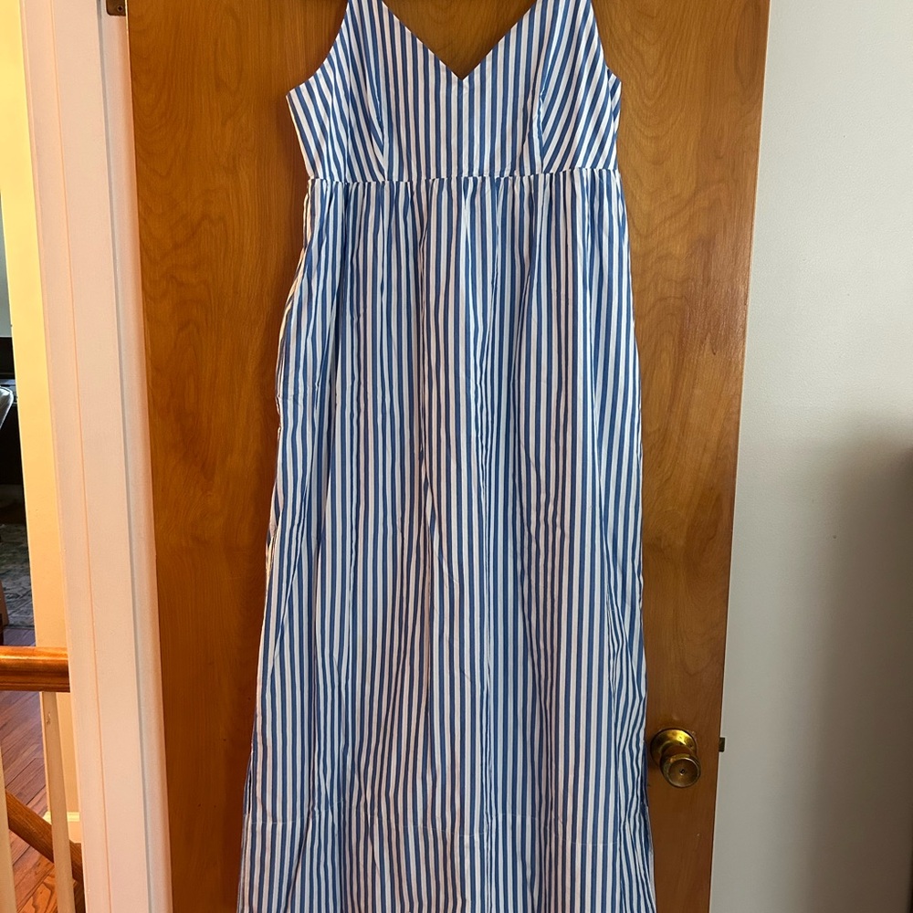 Quince Blue and White Striped Lined Midi Dress Medium NWT